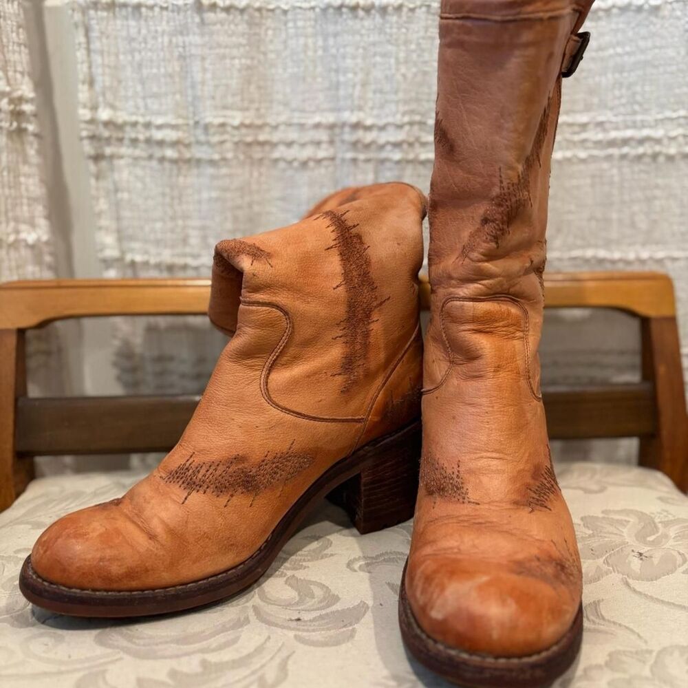 Free Lance Tan leather Mid-Calf Riding Boots w/ Buckle and Distressing Size 38.5